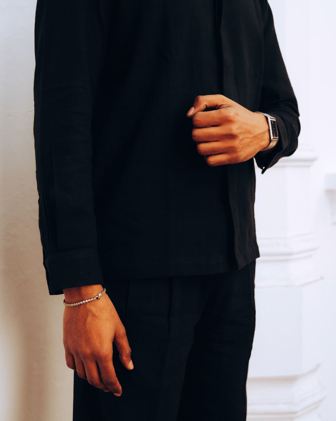 Person wearing a black suit with a white background Sarmad Clothing collection by sukhanvar Mens Darwesh Co ord Set Shirt and wide leg pants Trouser Kala Cotton from kutch Bhujodi