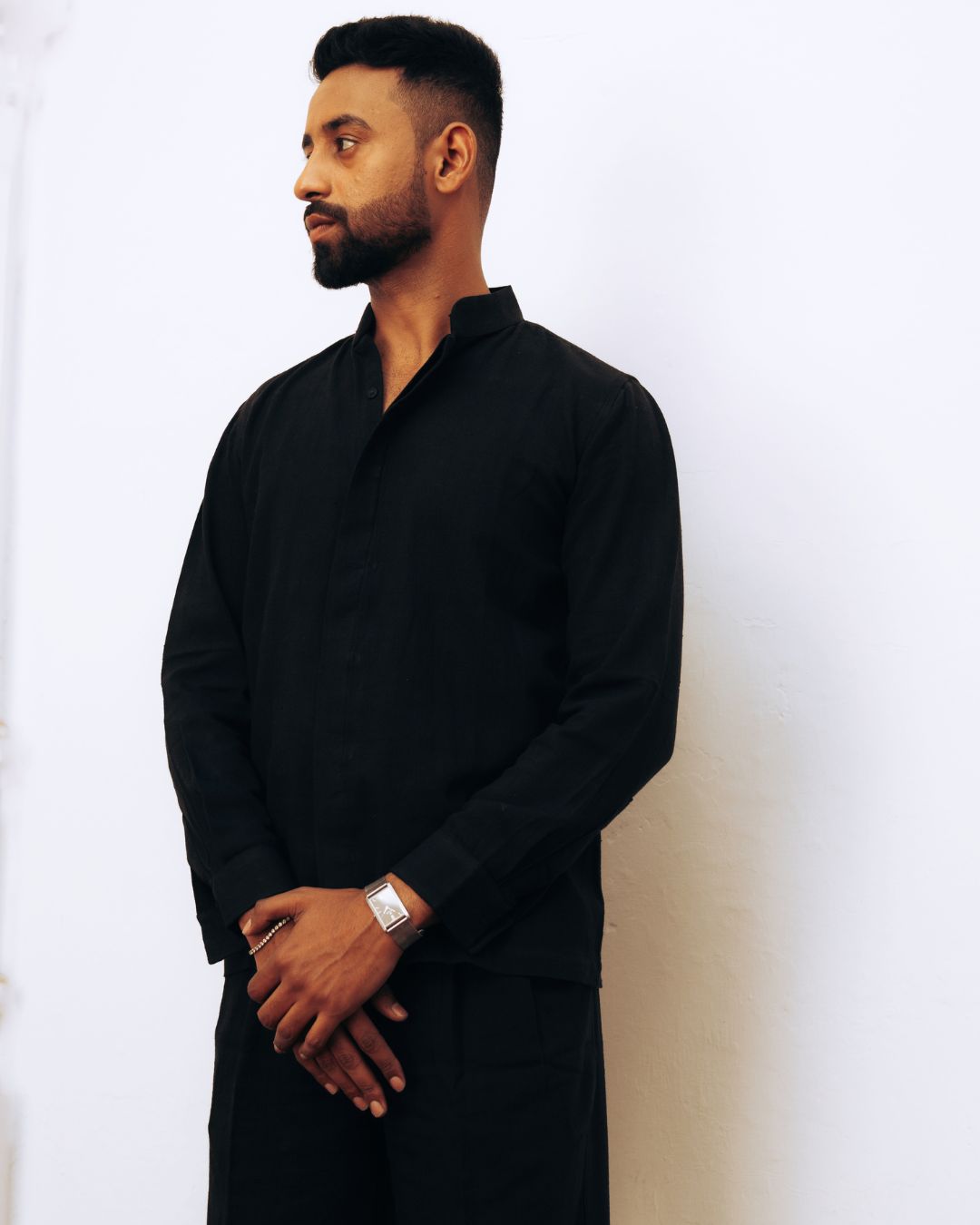 Man wearing a black outfit against a white background Sarmad Clothing collection by sukhanvar Mens Darwesh Co ord Set Shirt and wide leg pants Trouser Kala Cotton from kutch Bhujodi