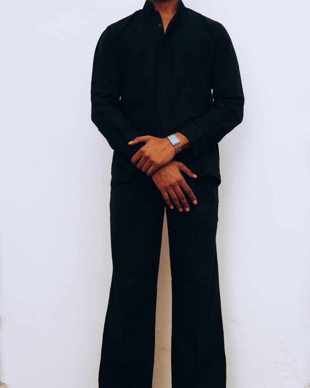 Person wearing a black outfit with a white background Sarmad Clothing collection by sukhanvar Mens Darwesh Co ord Set Shirt and wide leg pants Trouser Kala Cotton from kutch Bhujodi