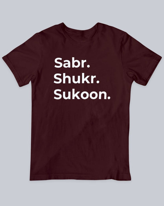 Sabr Shukr Sukoon Unisex Tshirt Unisex T-shirt available in Maroon, Black & White.  Urdu Tshirt, Poetry Tshirt, Shayari Tshirt, Rekhta Tshirt, Rekhta Store Merchandise.