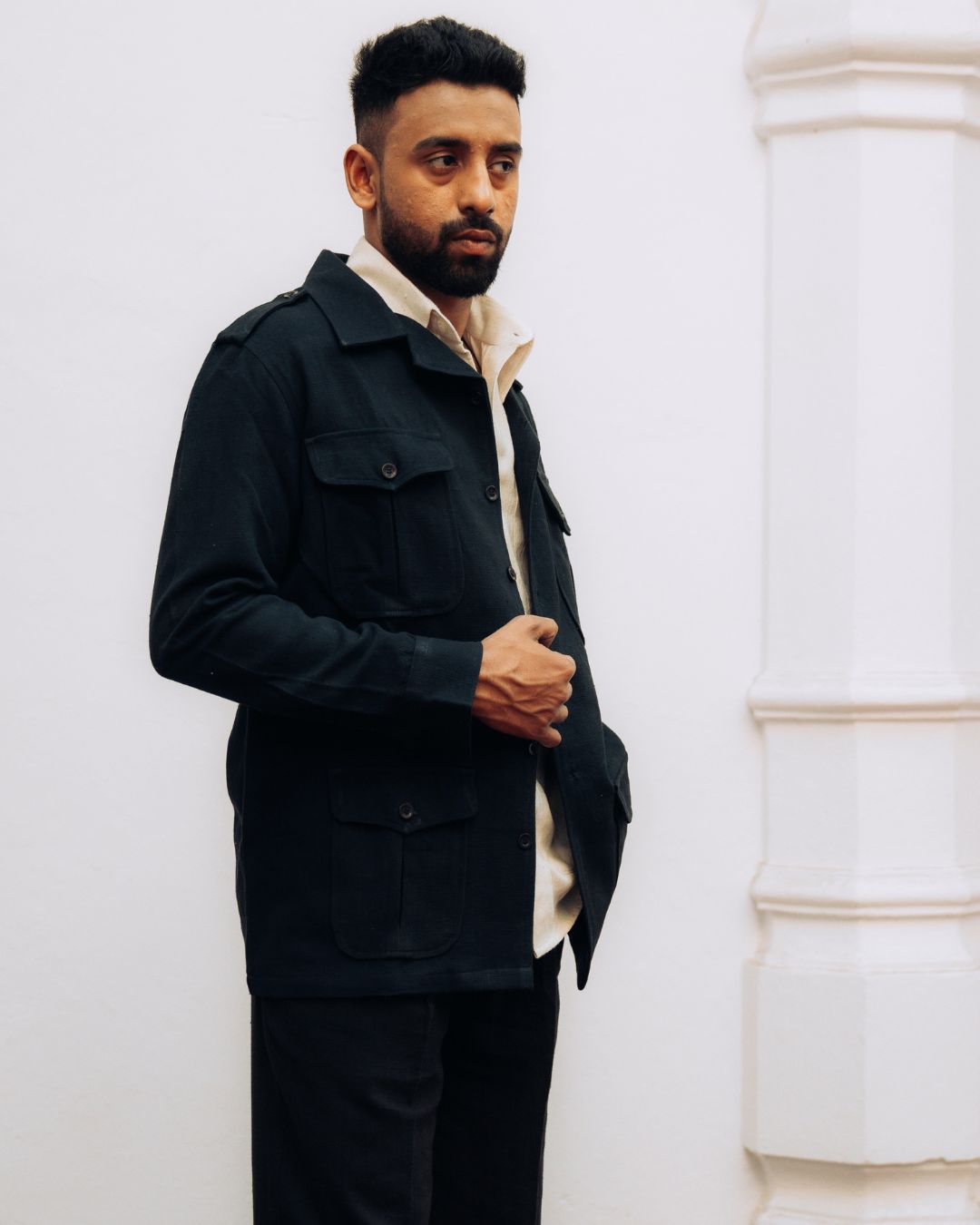 Sarmad Clothing collection by sukhanvar Mens Shacket jacket blazer Raahgir in Kala Cotton from kutch Bhujodi